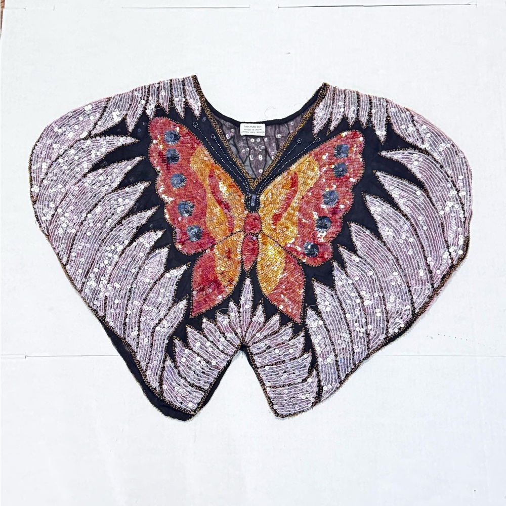 Silk Sequin Butterfly Top Small Sequin V-Neck Cropped Capelet